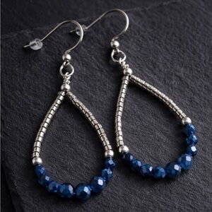 Handmade wire wrapped teardrop hoop earrings stainless steel & sapphire quartz